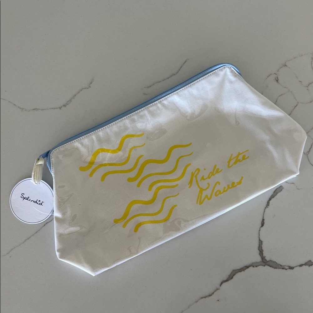 Splendid White Cosmetic Pouch with Yellow Waves and Blue Zipper